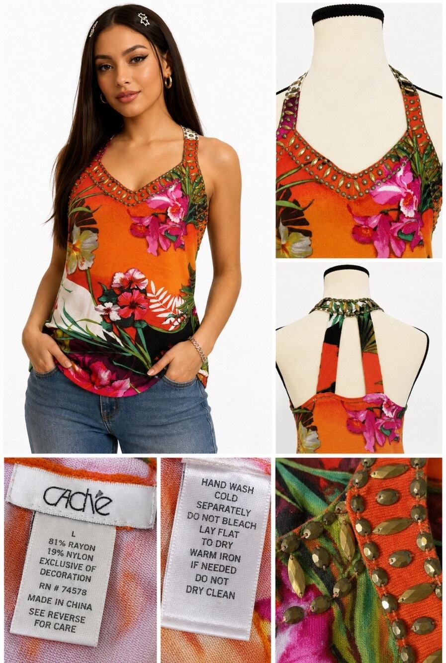 Y2K Boho Beachy Resort Cache Racerback Halter Top Size L Orange Tropical Flora